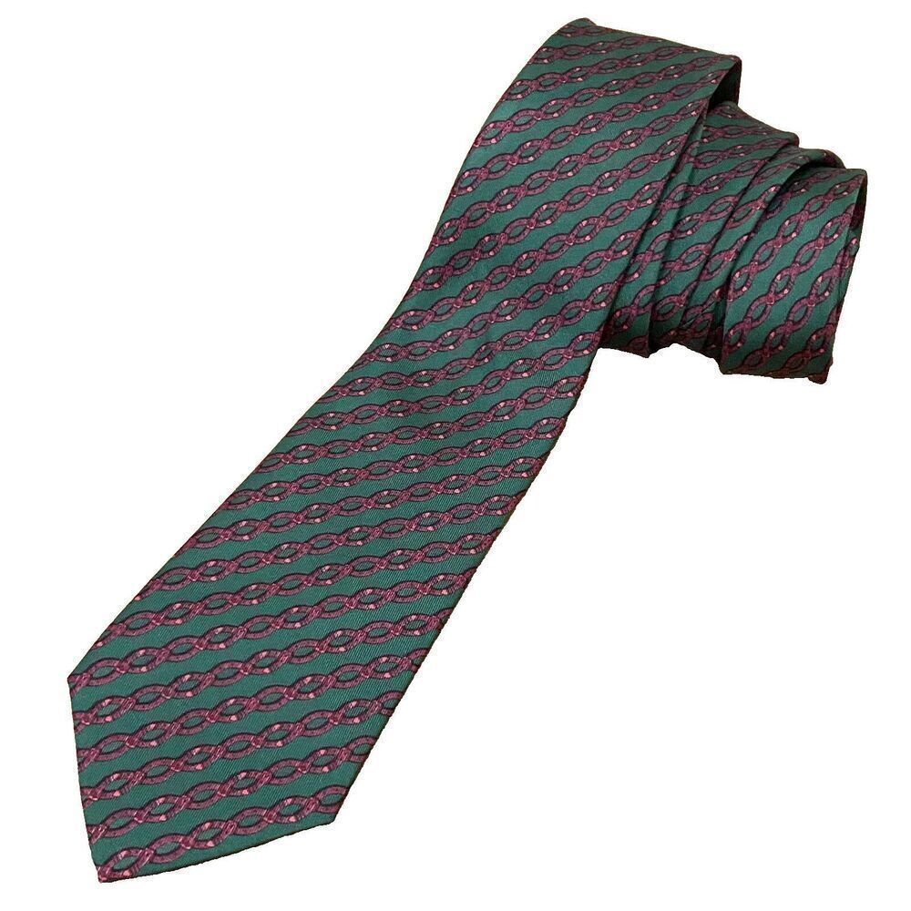 Herms Paris 7021 Ta For Neiman Marcus Green Magenta Belt Design 100% Silk Tie